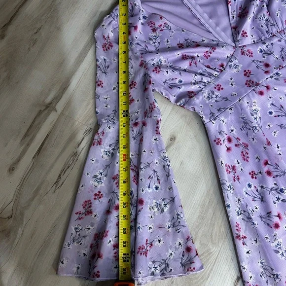 Double Crazy Purple Floral Dress Size Large Boho Bell Sleeve Empire Waist Flowy - Picture 7 of 15